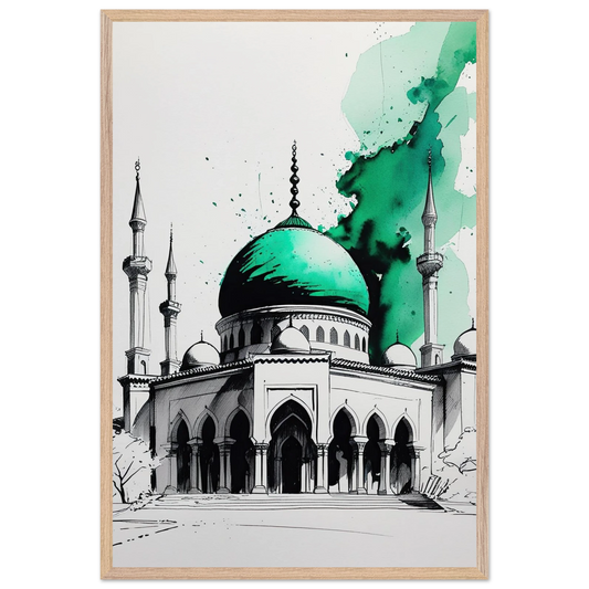 The Emerald Sanctuary Islamic architecture wall art print, framed room mockup